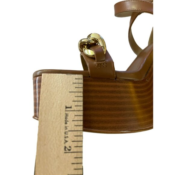 Michael Kors Paola Chain Embellished Leather Brown Platform Sandal Heels 7.5 - Picture 9 of 9